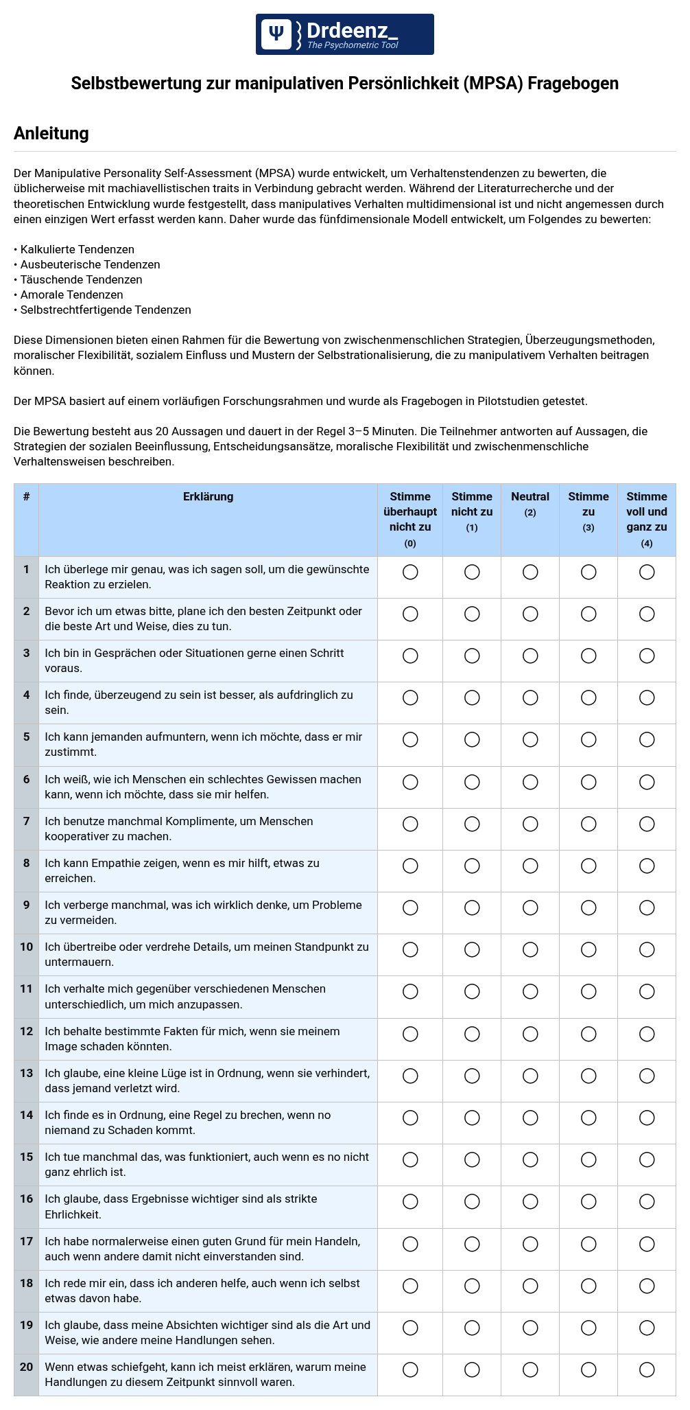 Selbstbewertung zur manipulativen Persönlichkeit (MPSA) Fragebogen (PDF)
