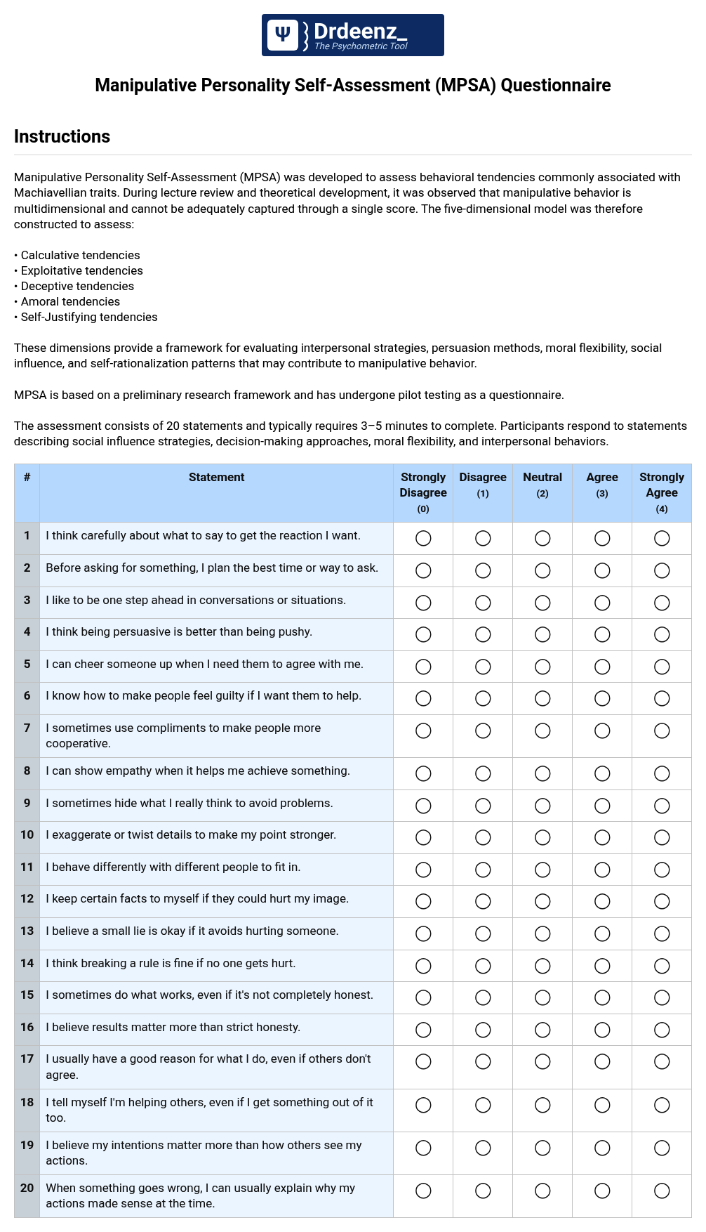 Manipulative Personality Self-Assessment (MPSA) Questionnaire PDF