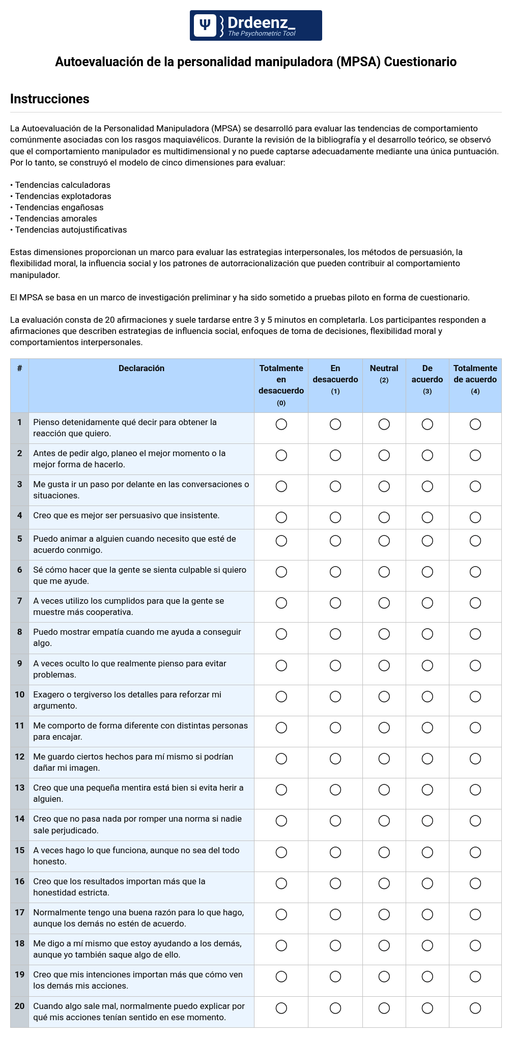 Autoevaluación de la personalidad manipuladora (MPSA) Cuestionario en PDF