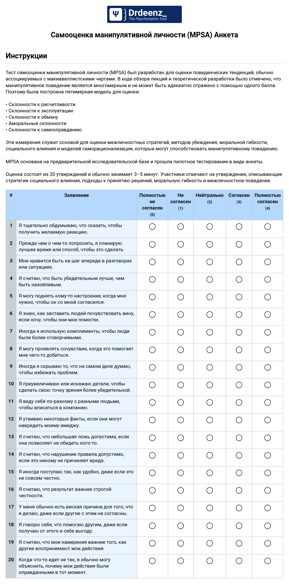 Самооценка манипулятивной личности (MPSA) Анкета в формате PDF