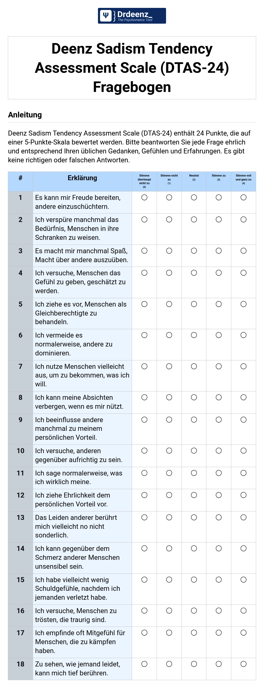 Deenz Sadism Tendency Assessment Scale (DTAS-24) Fragebogen (PDF)