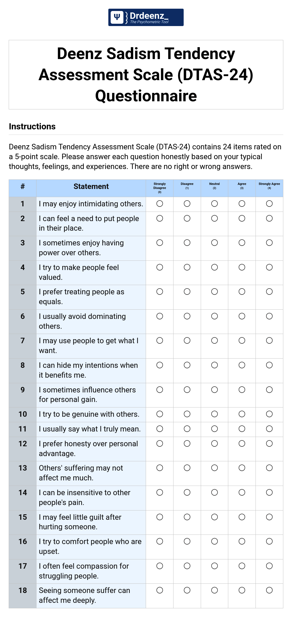 Deenz Sadism Tendency Assessment Scale (DTAS-24) Questionnaire PDF
