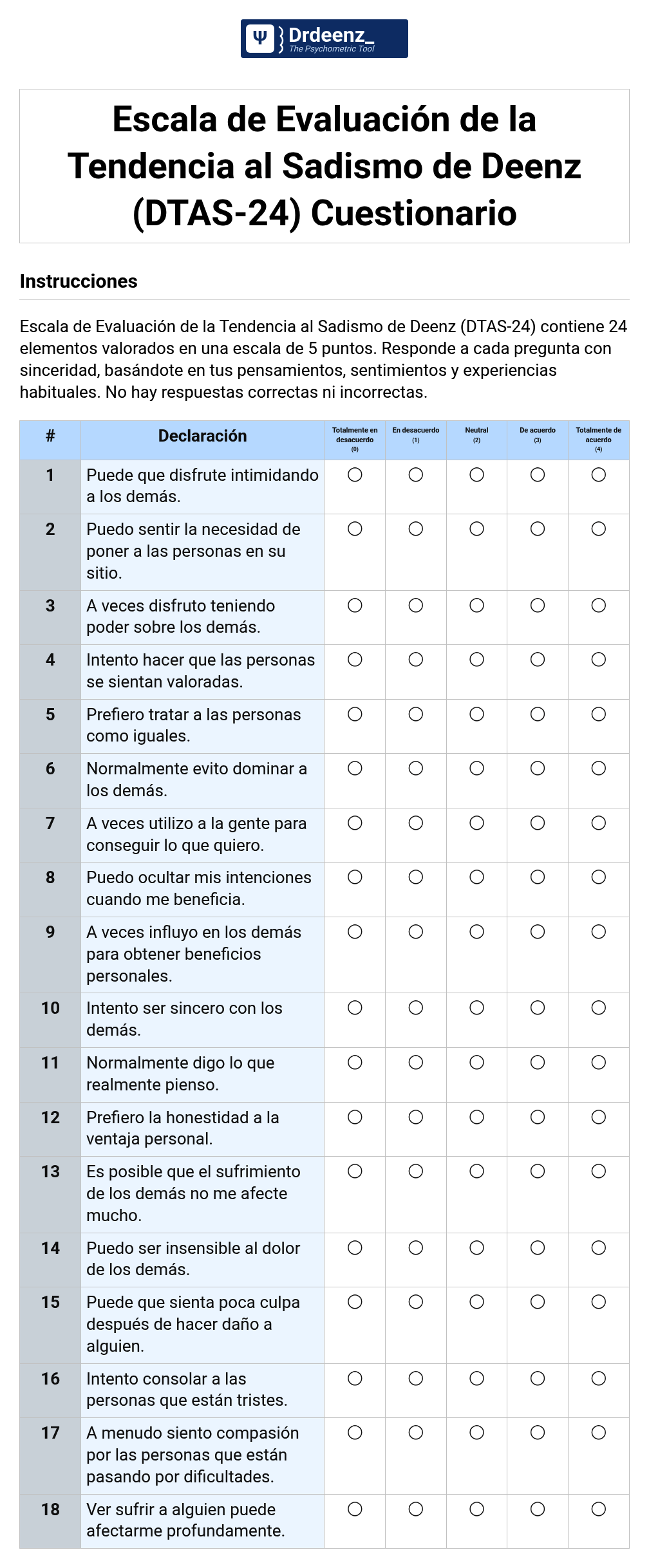 Escala de Evaluación de la Tendencia al Sadismo de Deenz (DTAS-24) Cuestionario en PDF