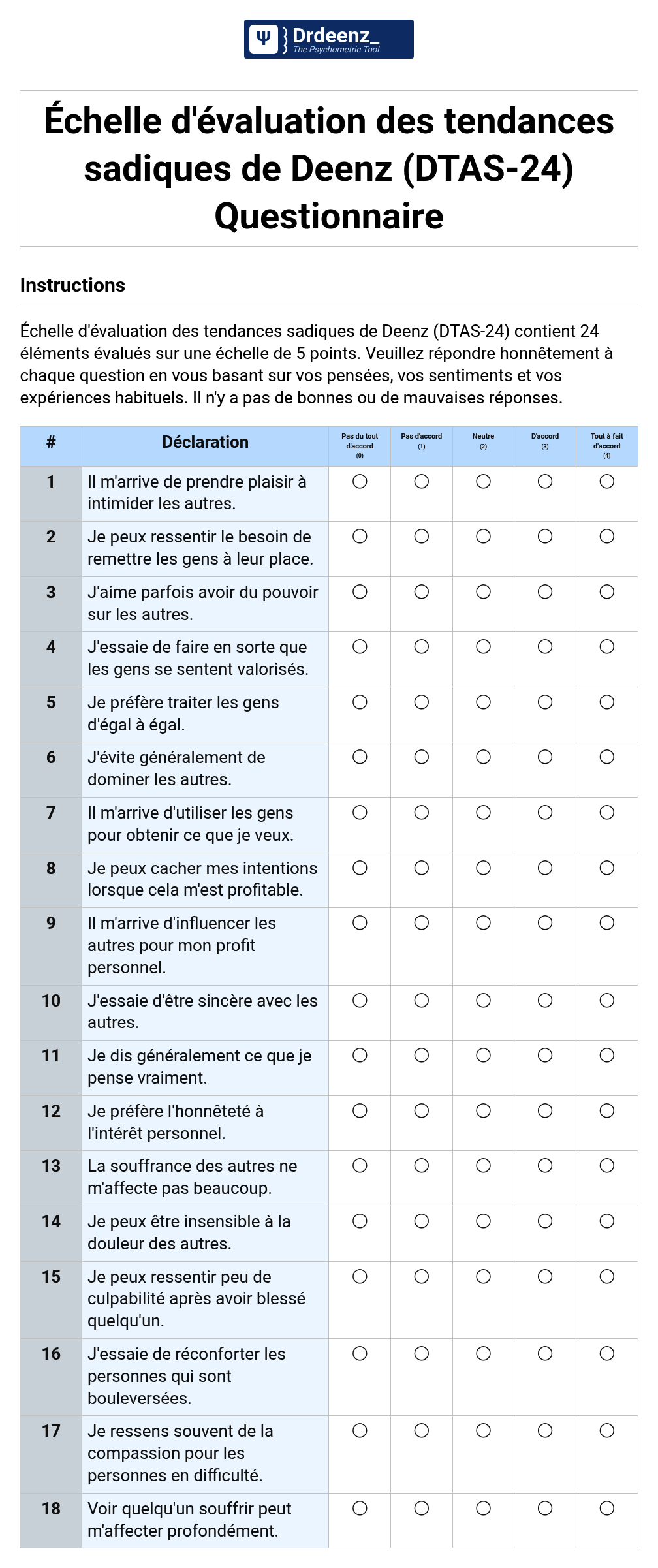 Échelle d'évaluation des tendances sadiques de Deenz (DTAS-24) Questionnaire au format PDF