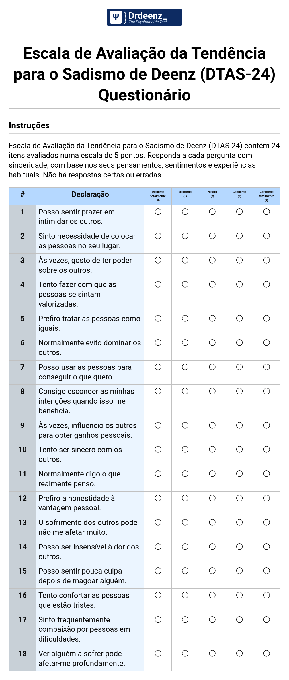 Escala de Avaliação da Tendência para o Sadismo de Deenz (DTAS-24) Questionário em PDF