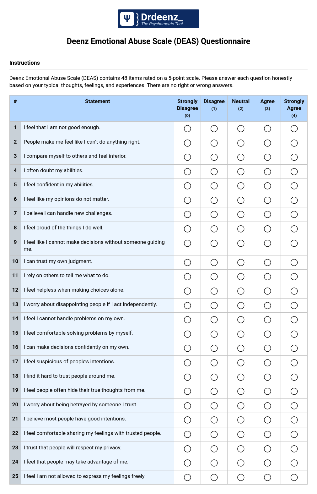 Deenz Emotional Abuse Scale (DEAS) Questionnaire PDF