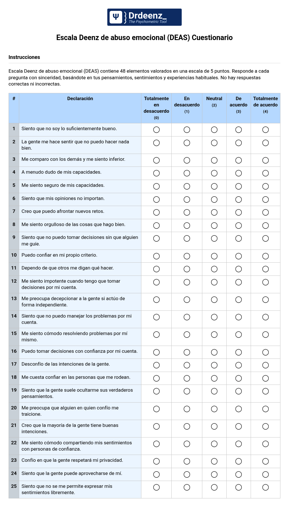 Escala Deenz de abuso emocional (DEAS) Cuestionario en PDF