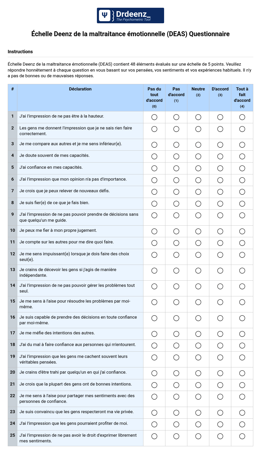 Échelle Deenz de la maltraitance émotionnelle (DEAS) Questionnaire au format PDF