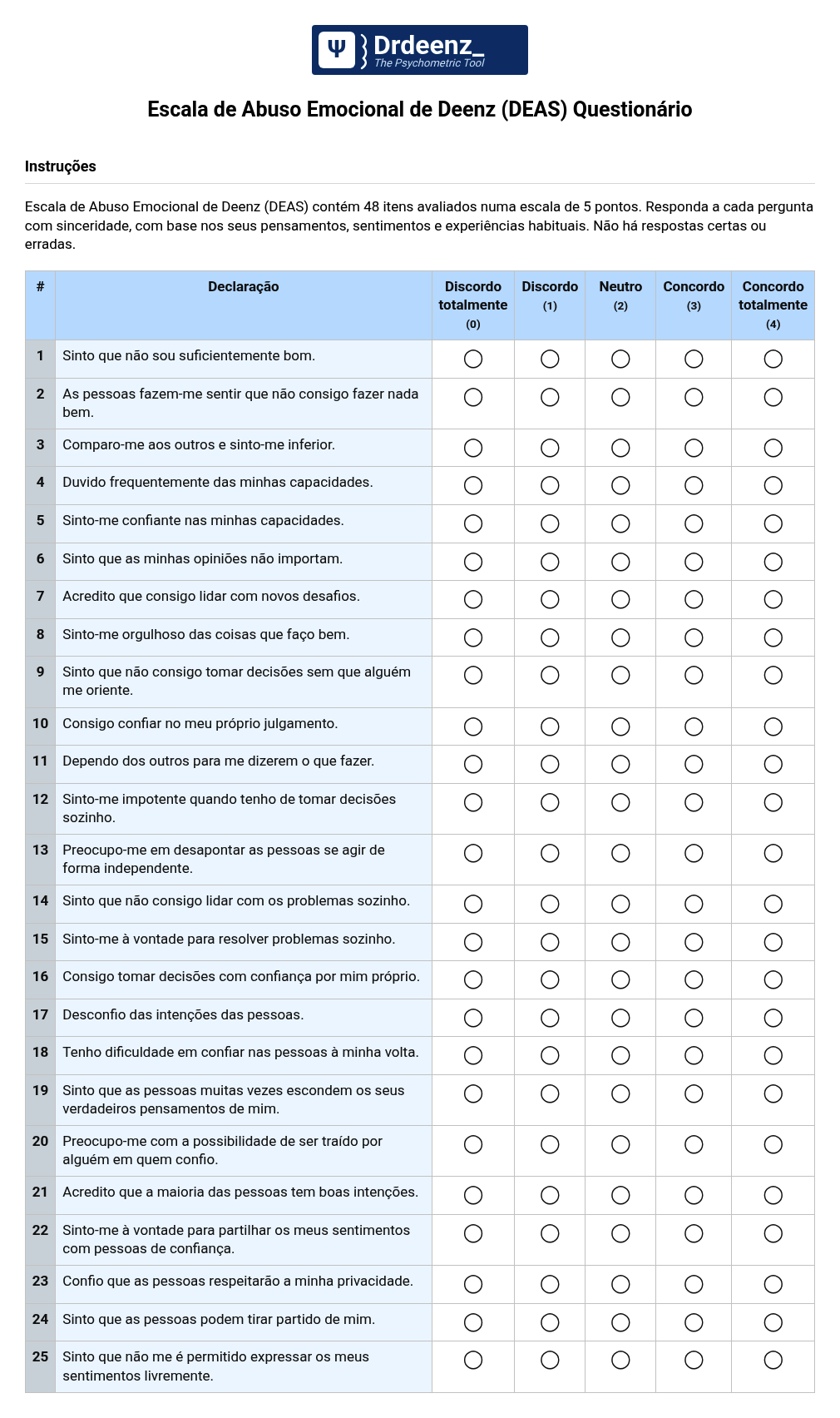 Escala de Abuso Emocional de Deenz (DEAS) Questionário em PDF