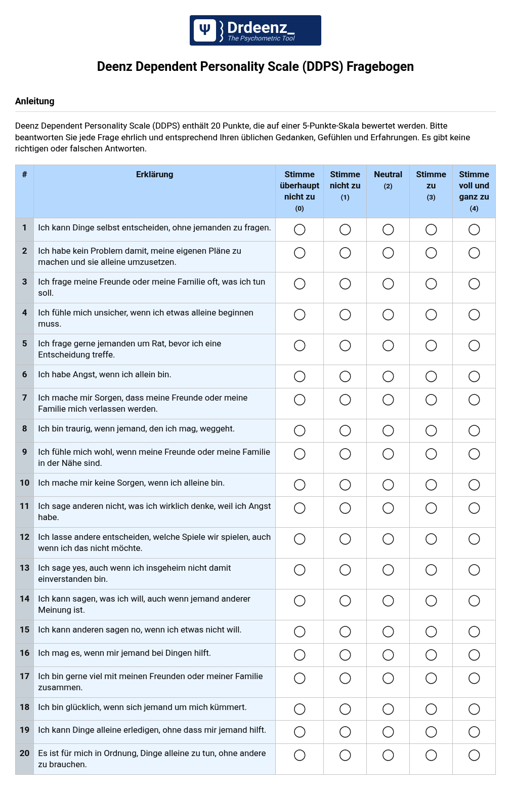 Deenz Dependent Personality Scale (DDPS) Fragebogen (PDF)
