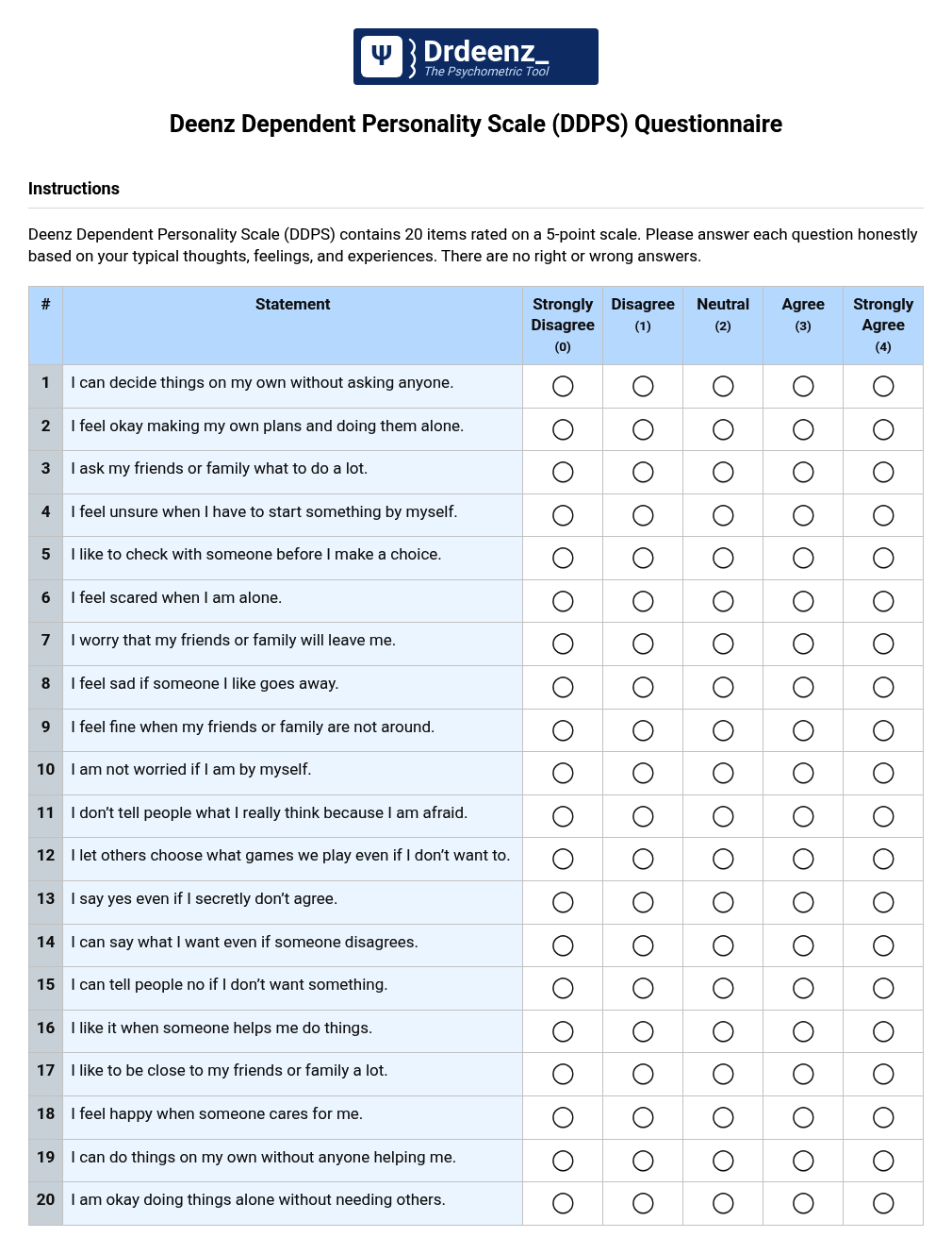 Deenz Dependent Personality Scale (DDPS) Questionnaire PDF