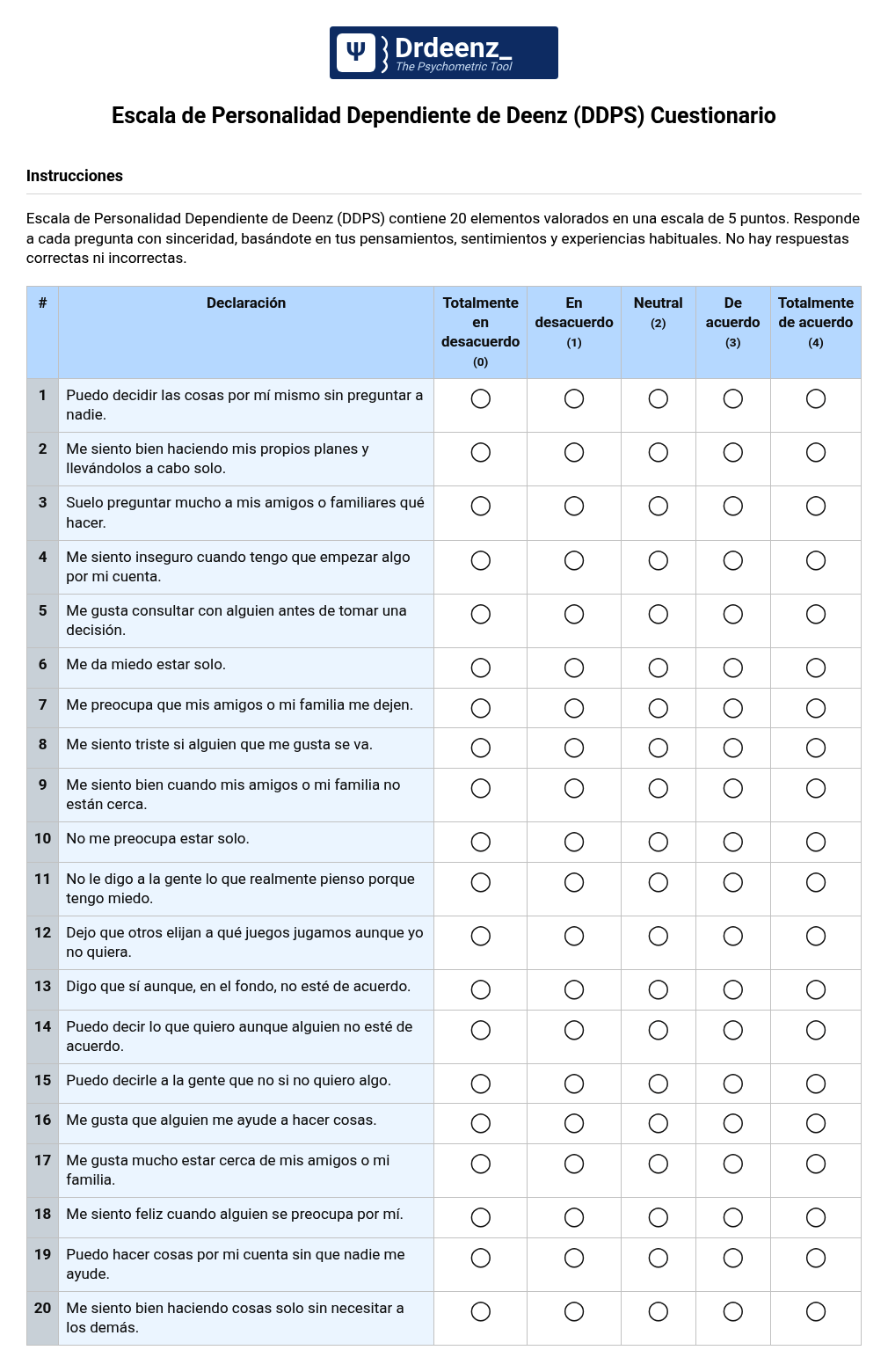 Escala de Personalidad Dependiente de Deenz (DDPS) Cuestionario en PDF