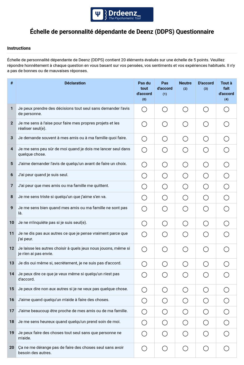 Échelle de personnalité dépendante de Deenz (DDPS) Questionnaire au format PDF