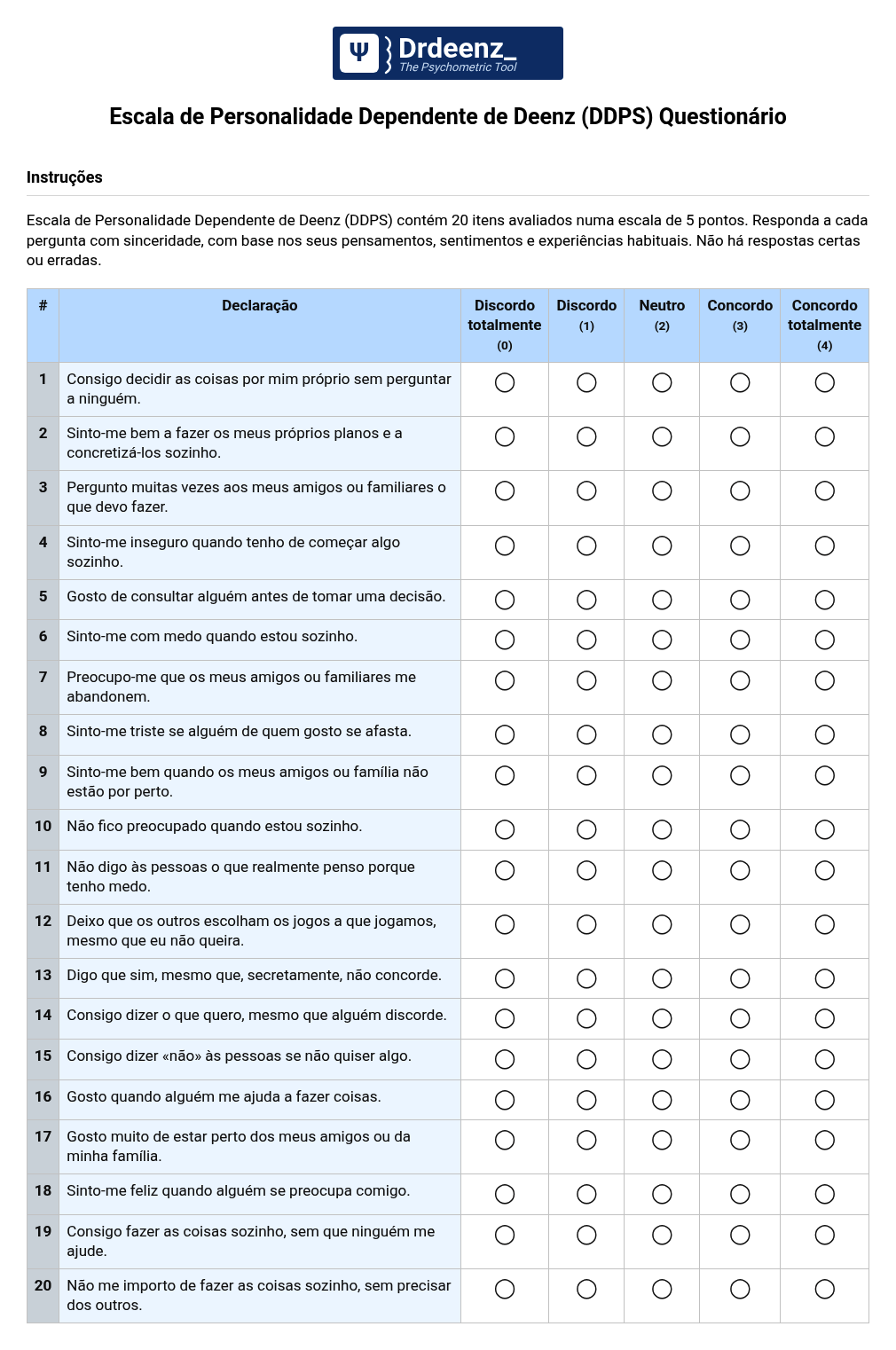 Escala de Personalidade Dependente de Deenz (DDPS) Questionário em PDF