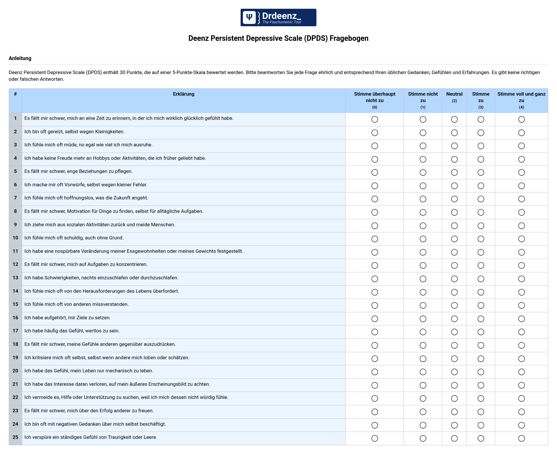 Deenz Persistent Depressive Scale (DPDS) Fragebogen (PDF)