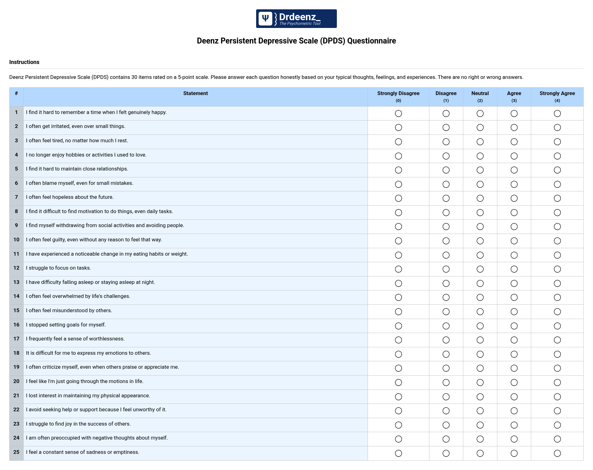 Deenz Persistent Depressive Scale (DPDS) Questionnaire PDF
