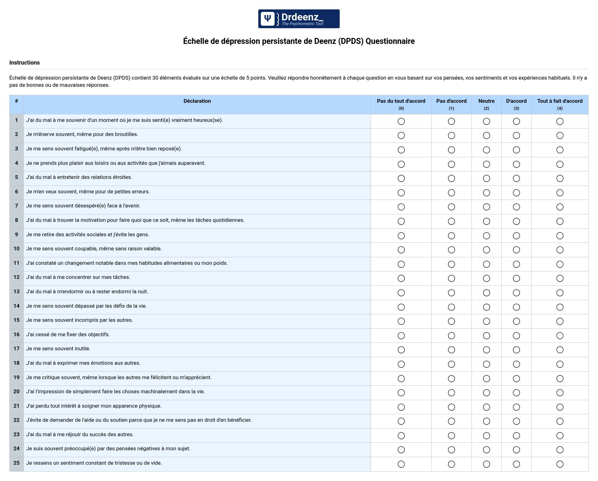 Échelle de dépression persistante de Deenz (DPDS) Questionnaire au format PDF