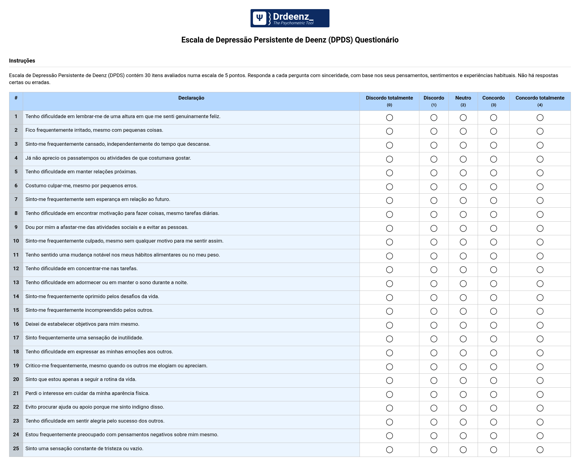 Escala de Depressão Persistente de Deenz (DPDS) Questionário em PDF