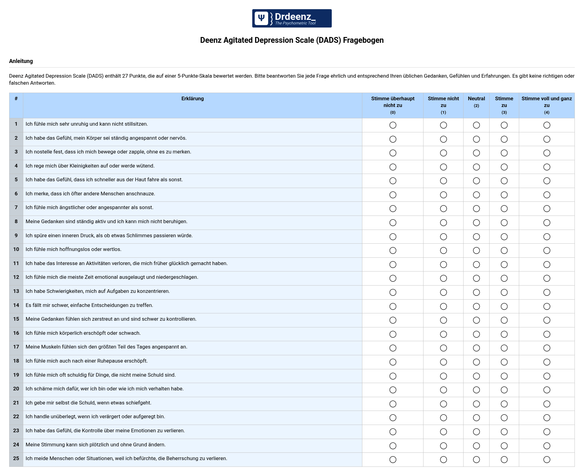Deenz Agitated Depression Scale (DADS) Fragebogen (PDF)