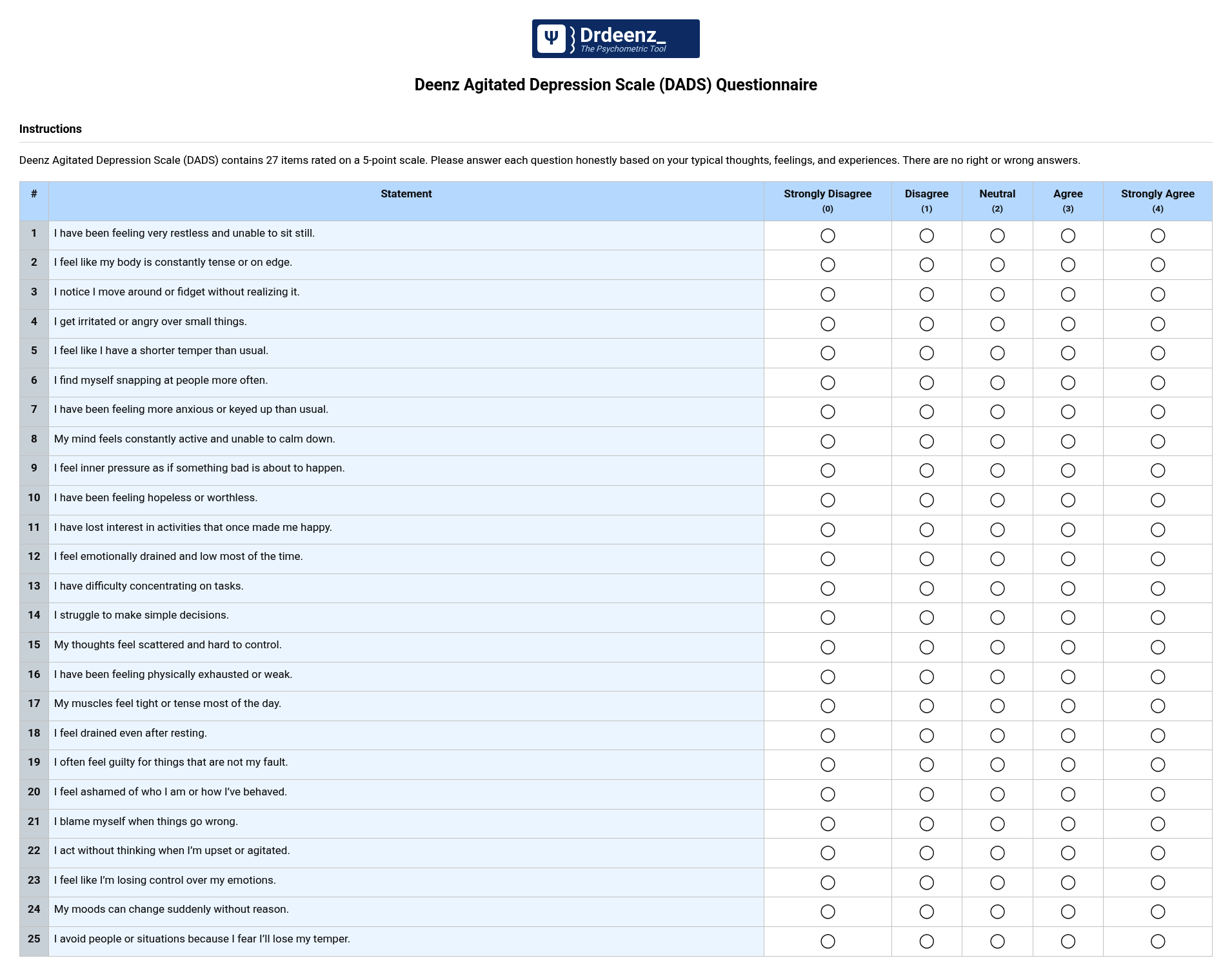 Deenz Agitated Depression Scale (DADS) Questionnaire PDF