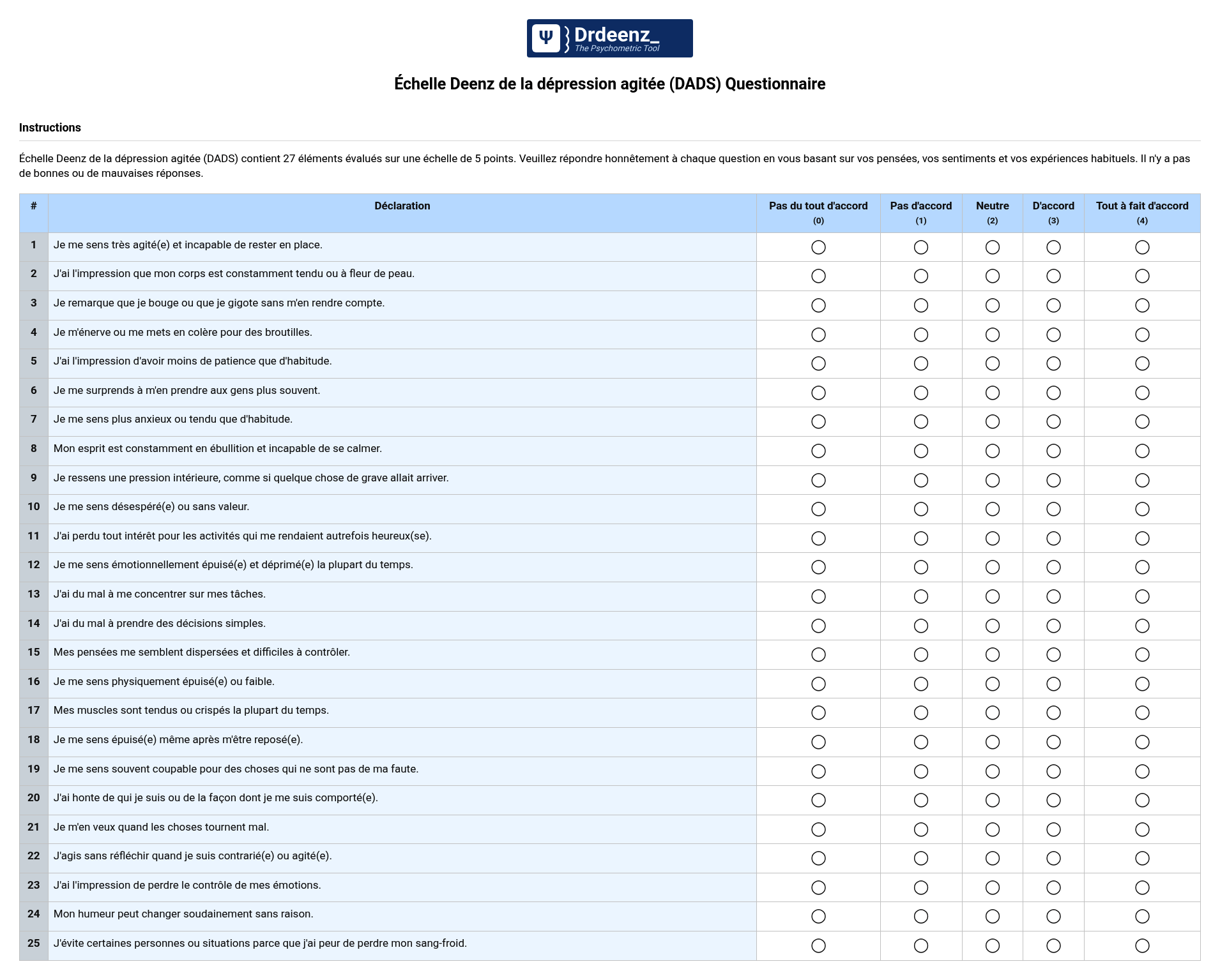 Échelle Deenz de la dépression agitée (DADS) Questionnaire au format PDF