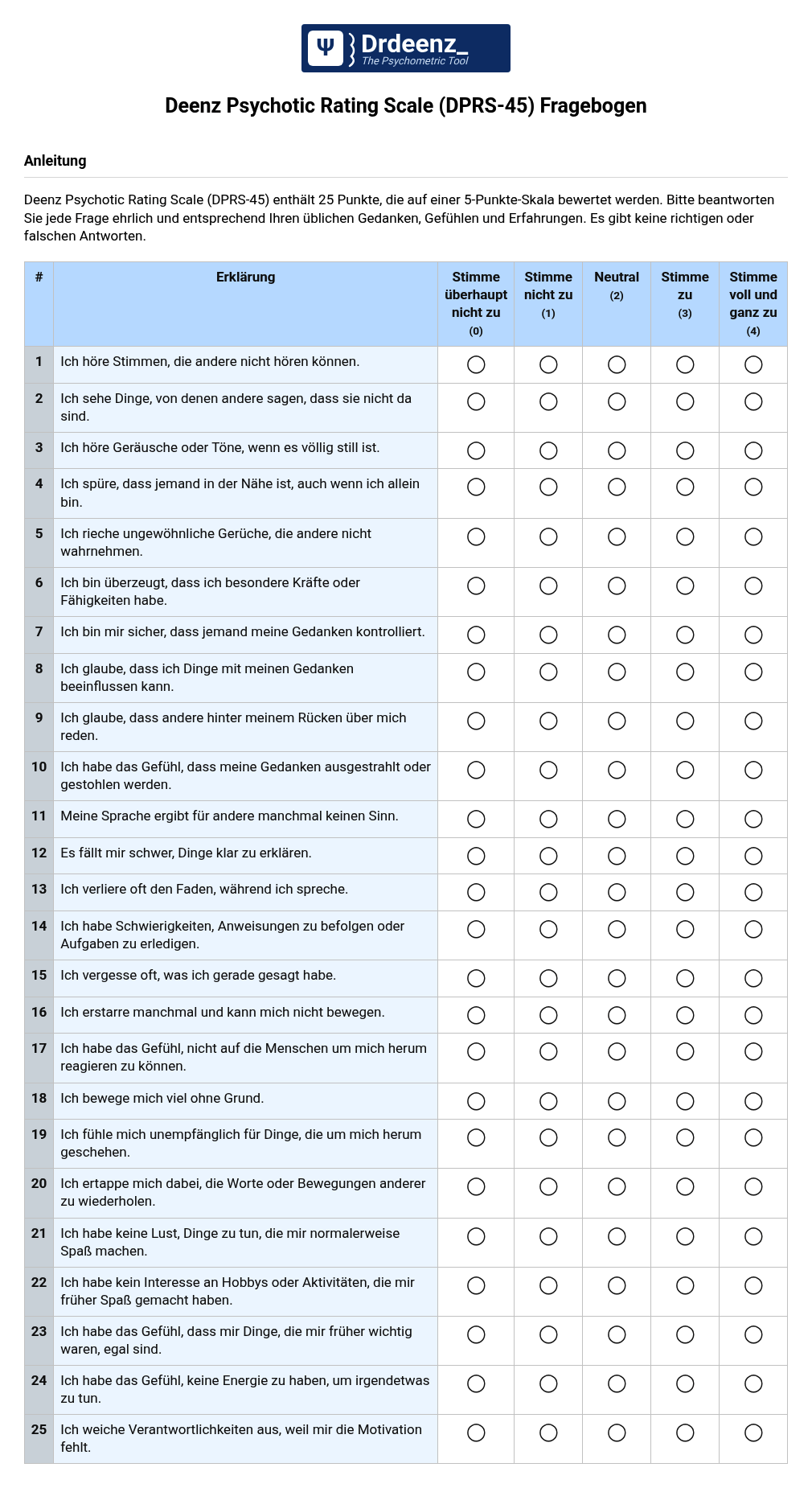 Deenz Psychotic Rating Scale (DPRS-45) Fragebogen (PDF)