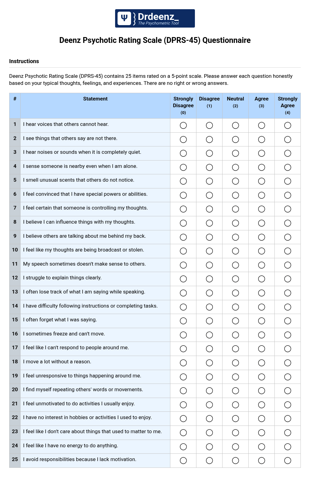 Deenz Psychotic Rating Scale (DPRS-45) Questionnaire PDF