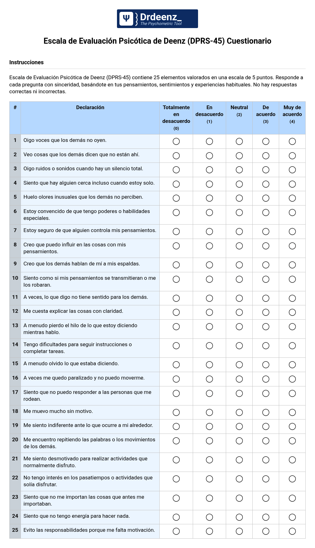 Escala de Evaluación Psicótica de Deenz (DPRS-45) Cuestionario en PDF