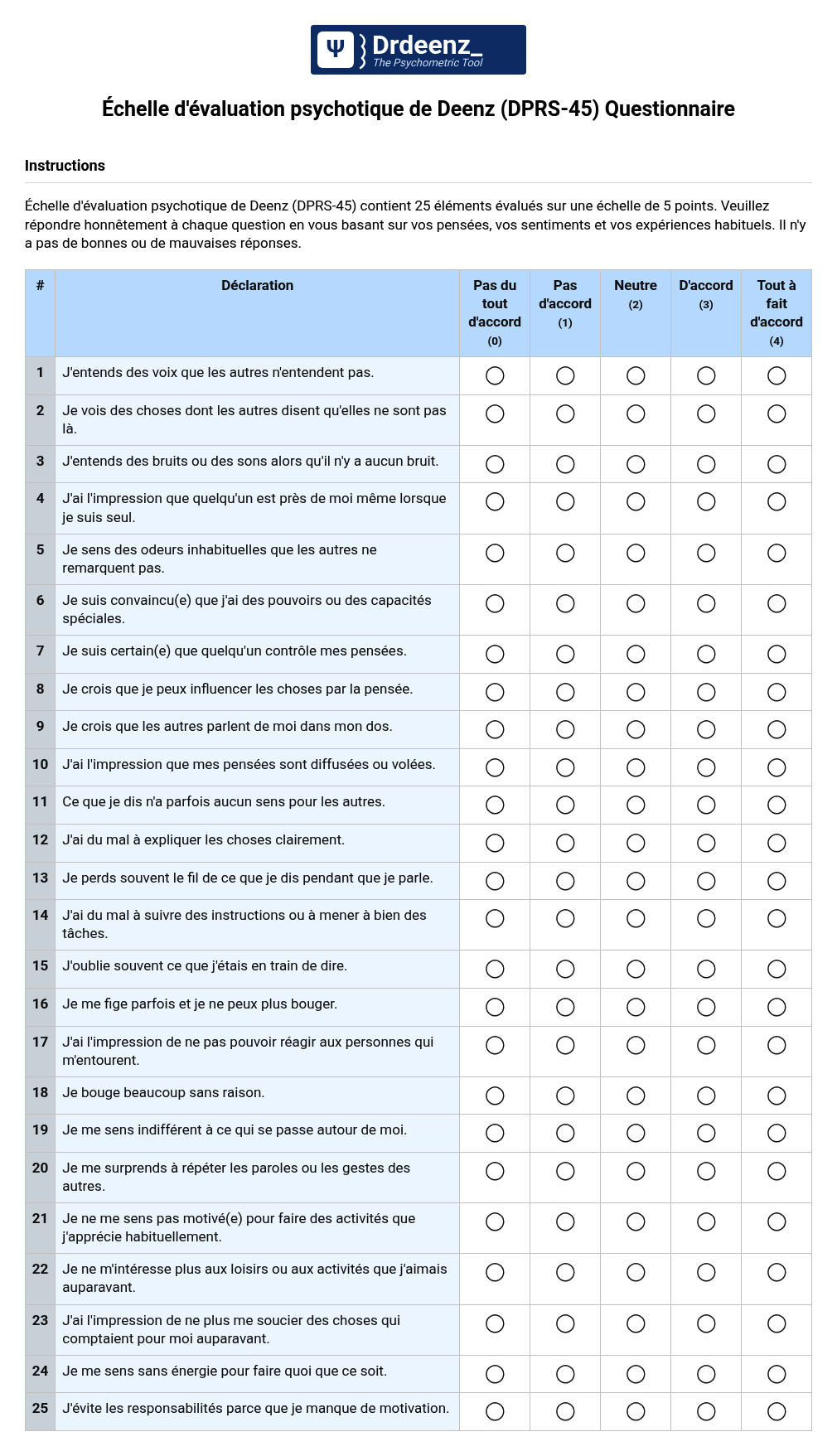 Échelle d'évaluation psychotique de Deenz (DPRS-45) Questionnaire au format PDF