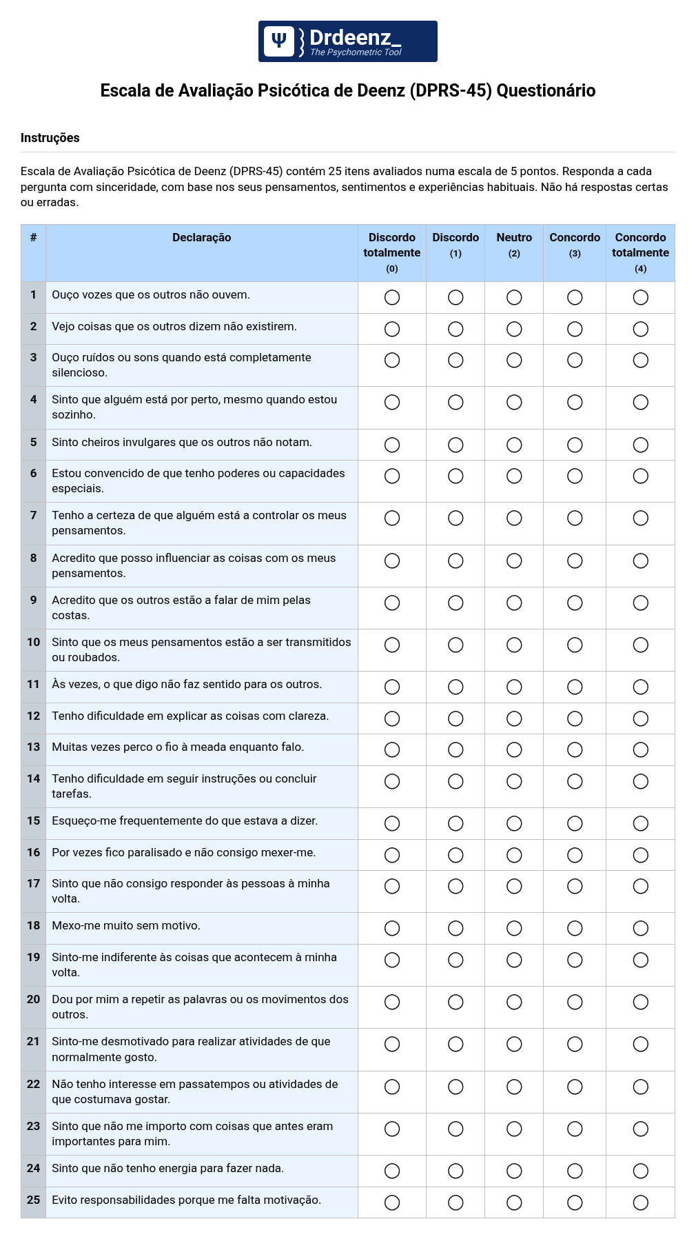 Escala de Avaliação Psicótica de Deenz (DPRS-45) Questionário em PDF