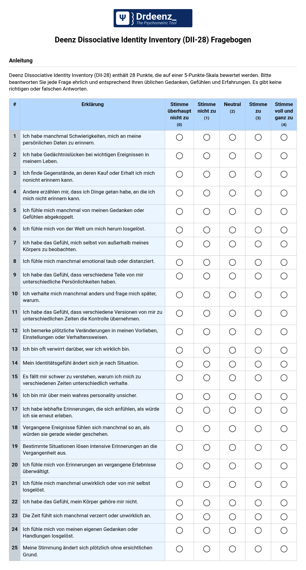 Deenz Dissociative Identity Inventory (DII-28) Fragebogen (PDF)