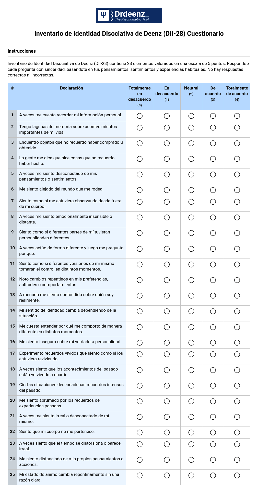 Inventario de Identidad Disociativa de Deenz (DII-28) Cuestionario en PDF