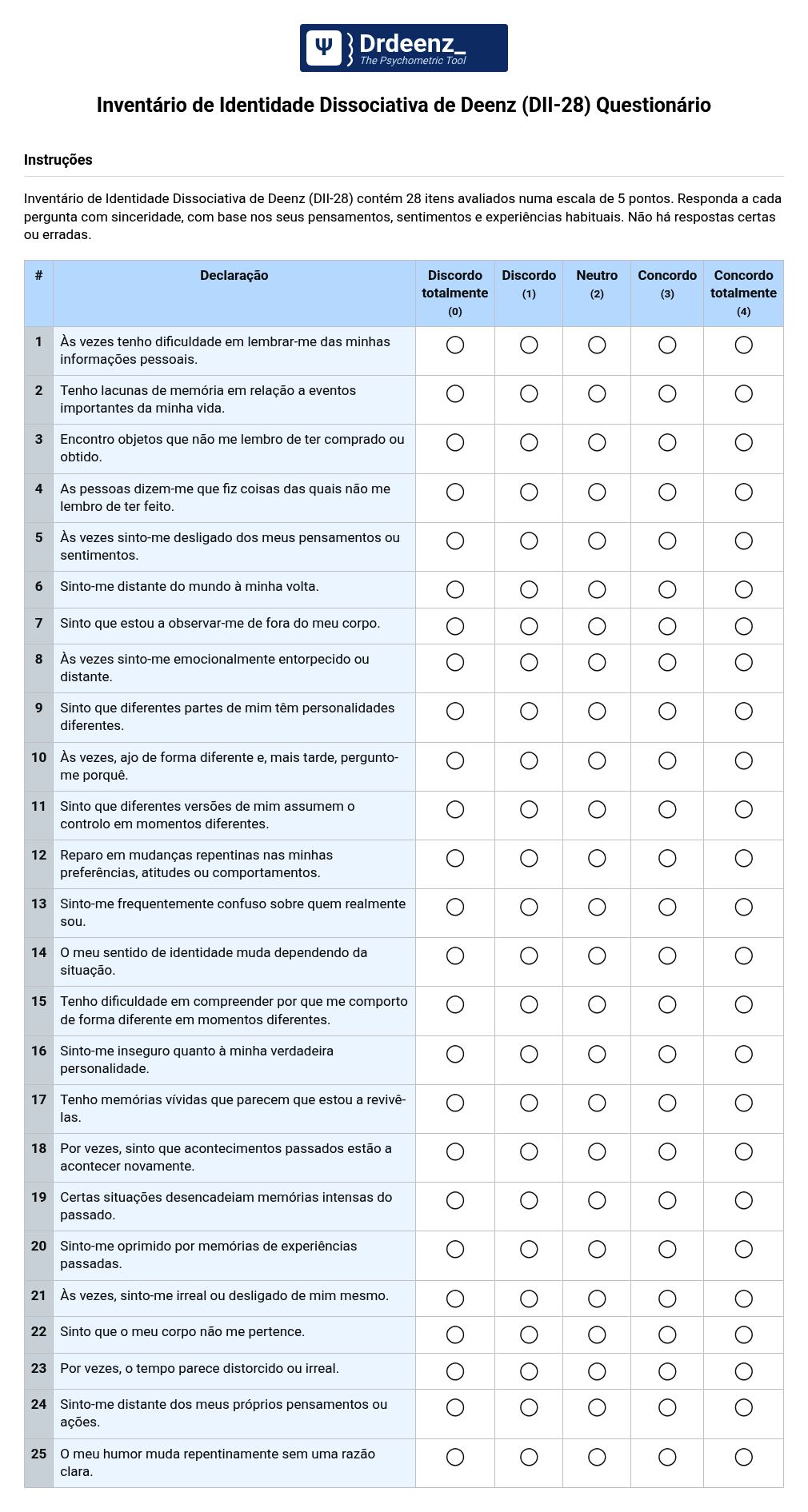 Inventário de Identidade Dissociativa de Deenz (DII-28) Questionário em PDF