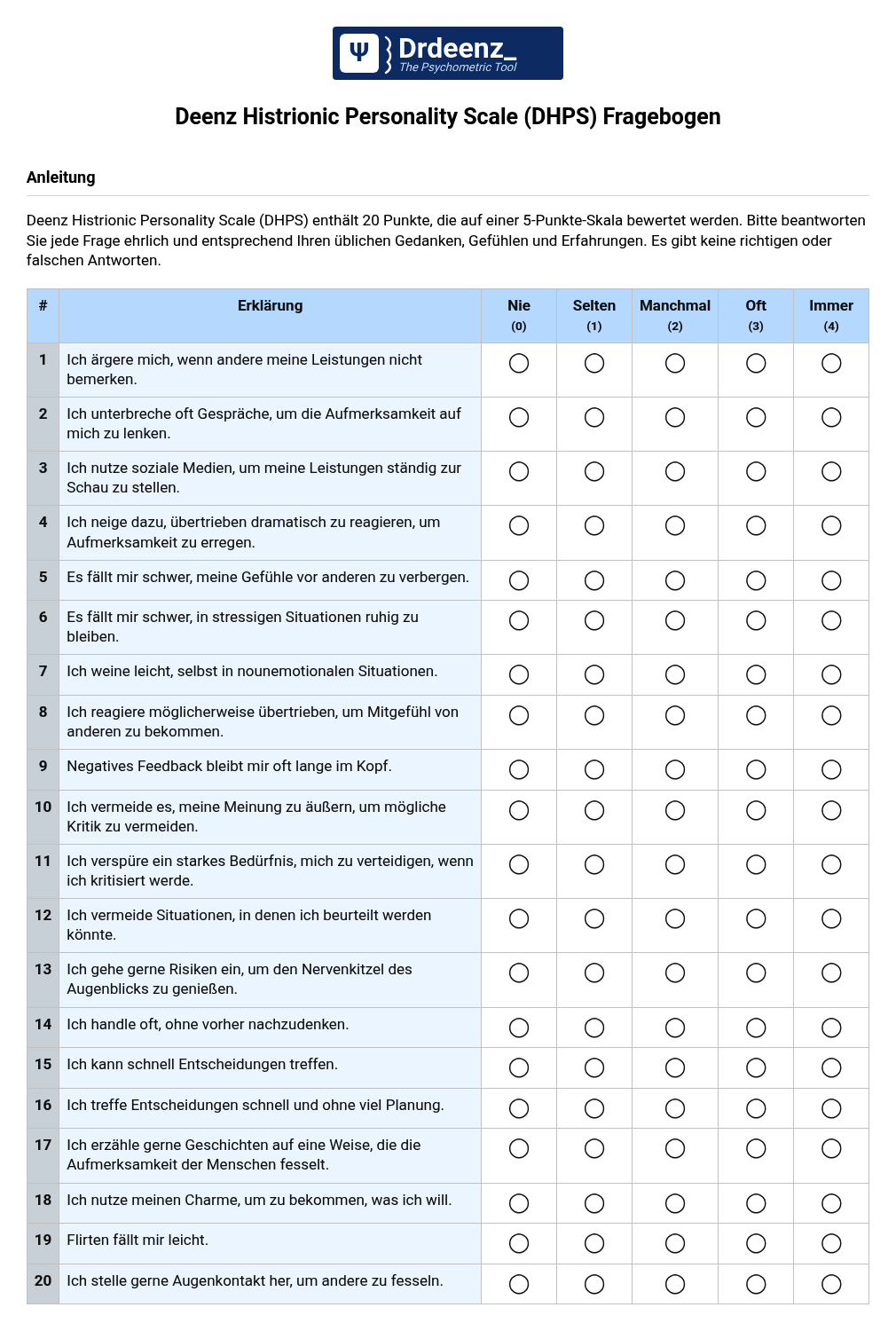 Deenz Histrionic Personality Scale (DHPS) Fragebogen (PDF)