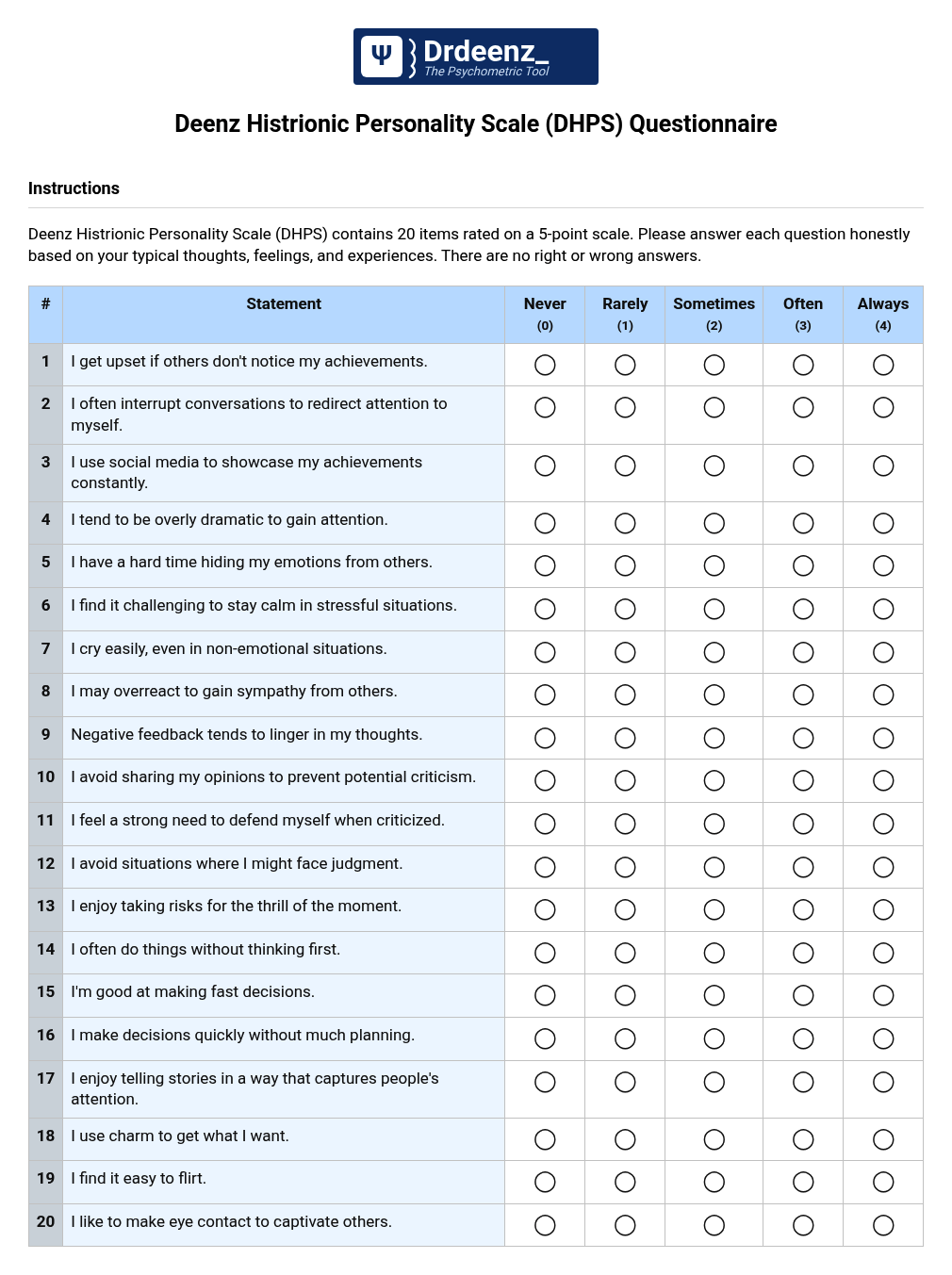Deenz Histrionic Personality Scale (DHPS) Questionnaire PDF