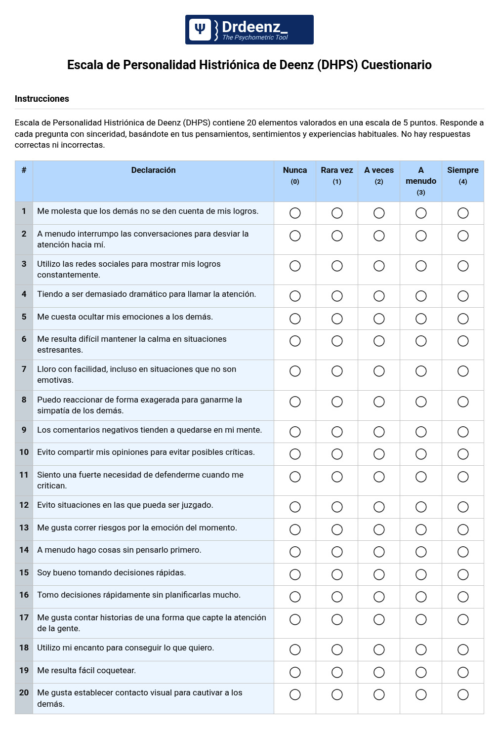 Escala de Personalidad Histriónica de Deenz (DHPS) Cuestionario en PDF