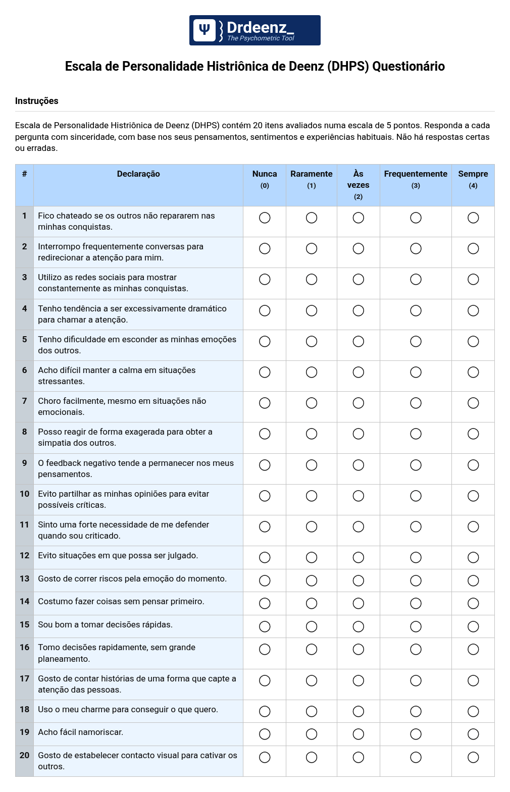 Escala de Personalidade Histriônica de Deenz (DHPS) Questionário em PDF