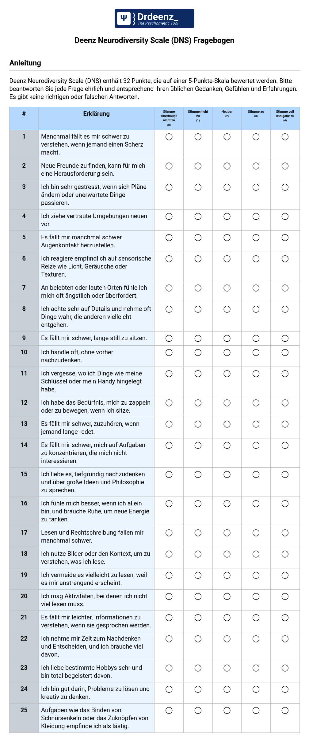 Deenz Neurodiversity Scale (DNS) Fragebogen (PDF)