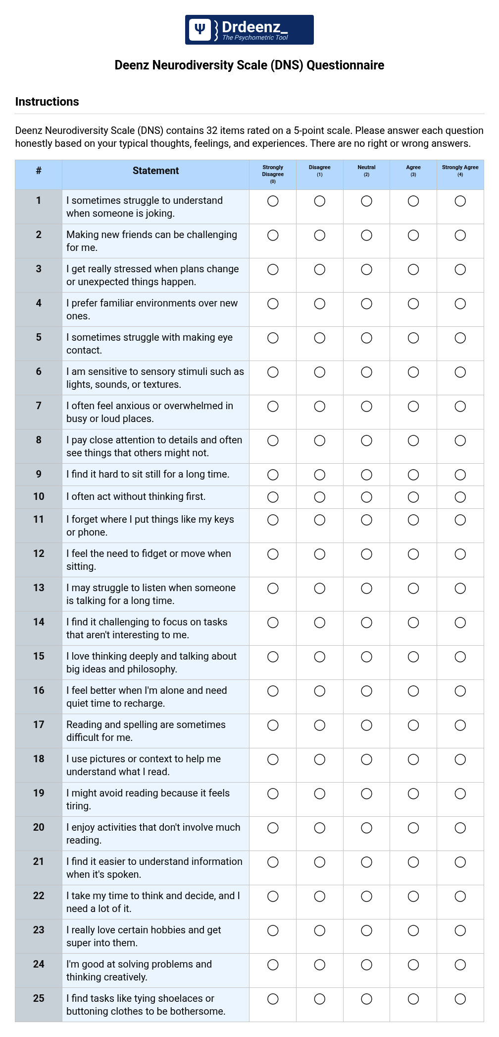Deenz Neurodiversity Scale (DNS) Questionnaire PDF