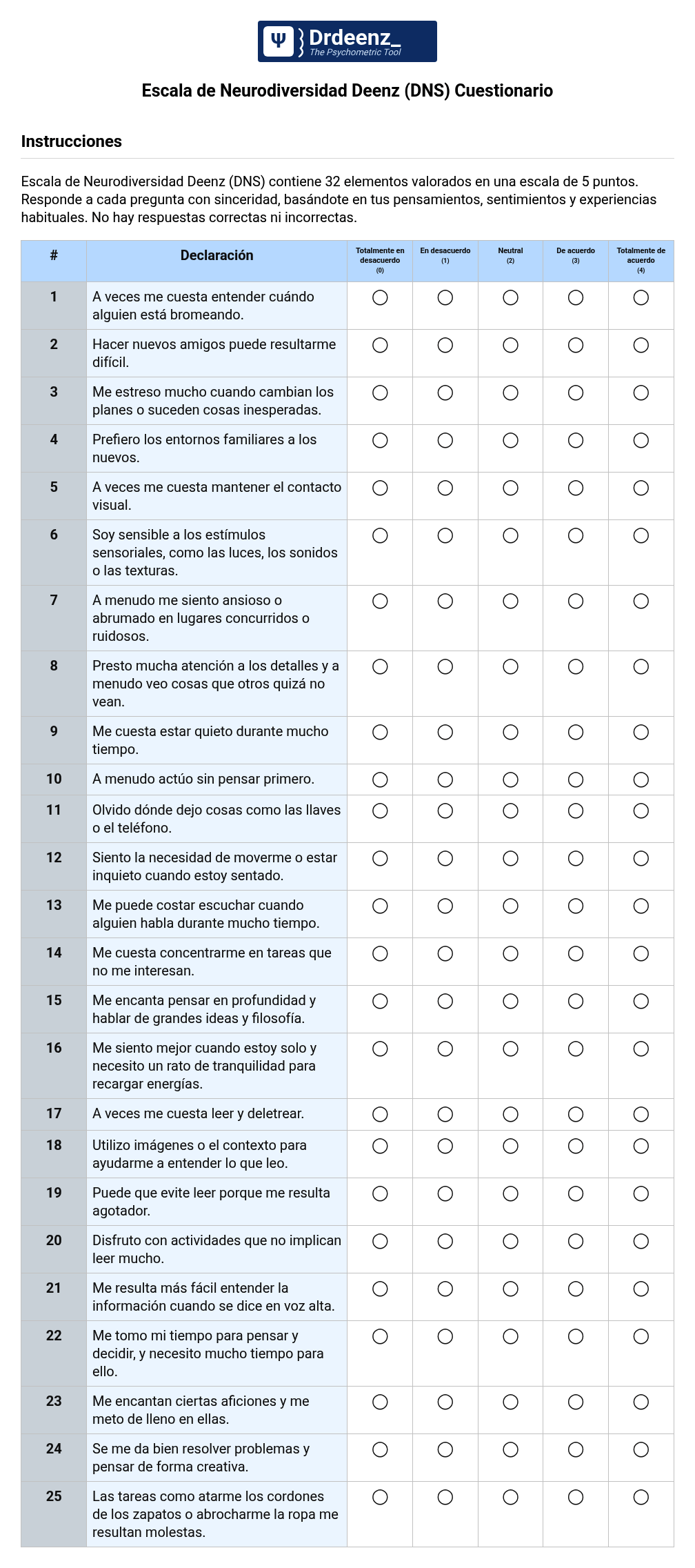 Escala de Neurodiversidad Deenz (DNS) Cuestionario en PDF