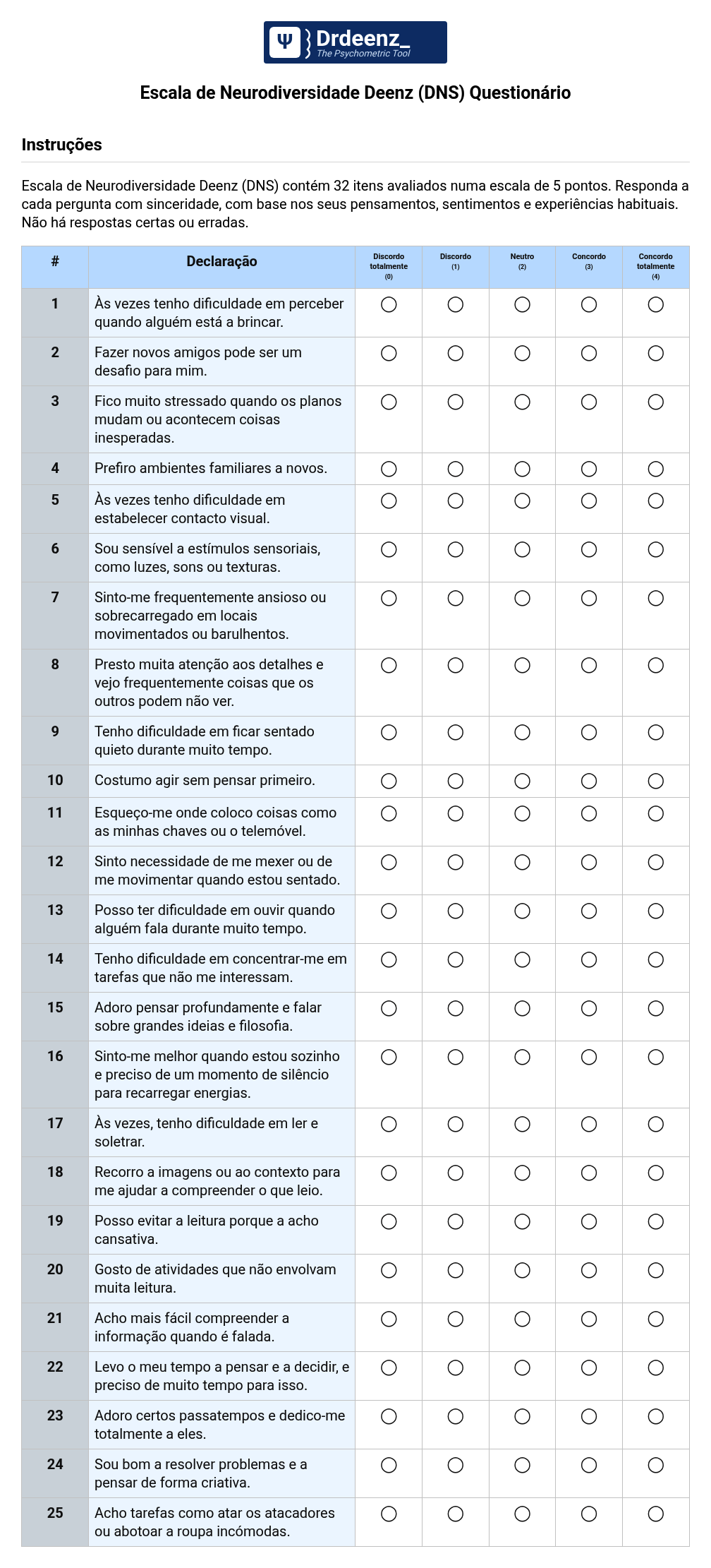 Escala de Neurodiversidade Deenz (DNS) Questionário em PDF