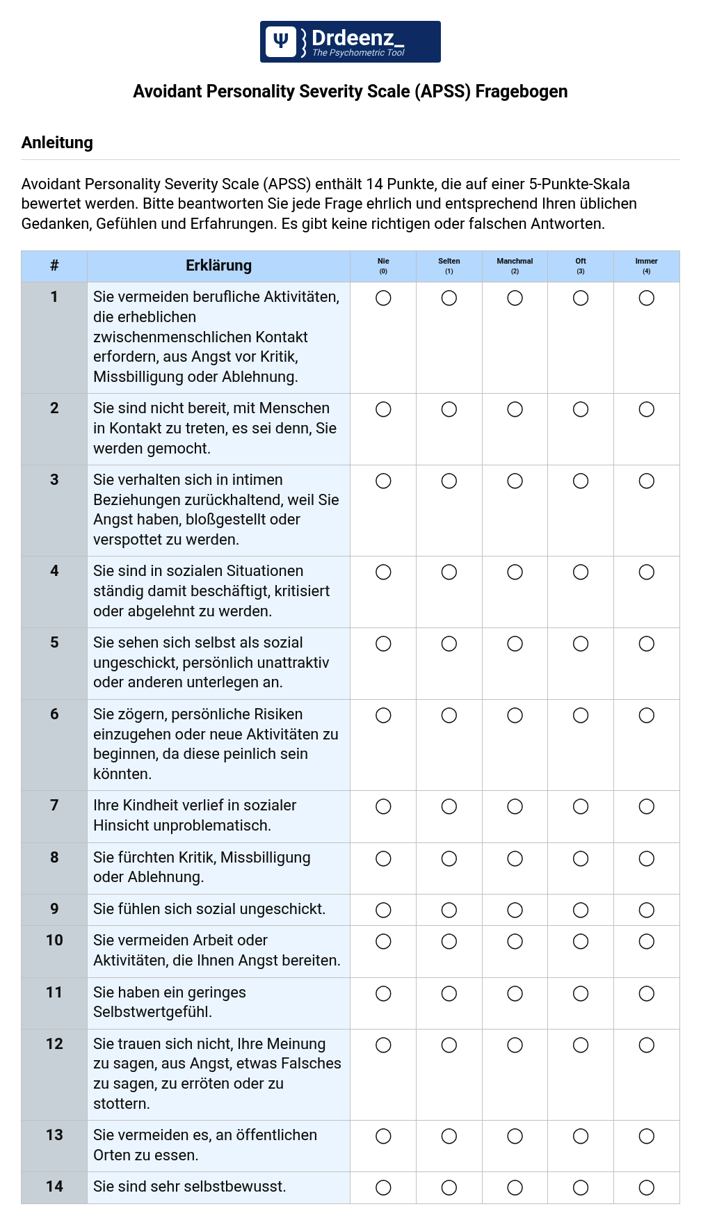 Avoidant Personality Severity Scale (APSS) Fragebogen (PDF)