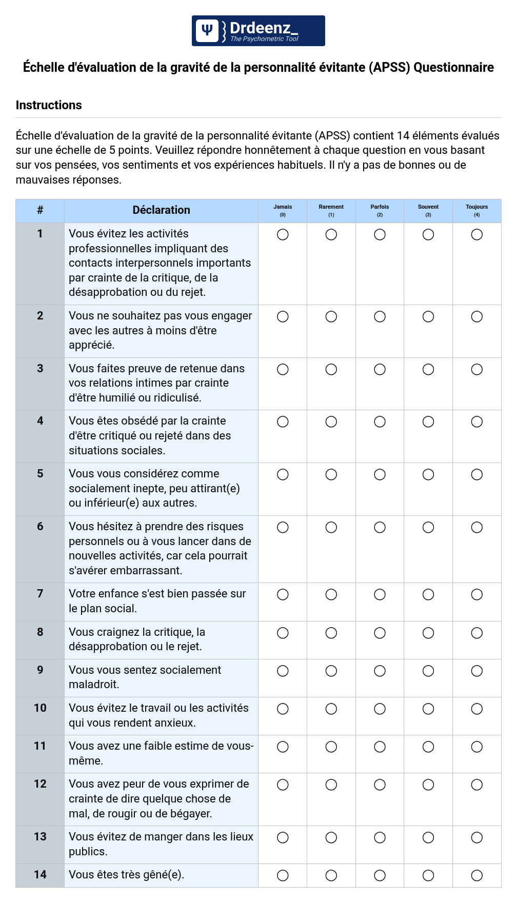 Échelle d'évaluation de la gravité de la personnalité évitante (APSS) Questionnaire au format PDF