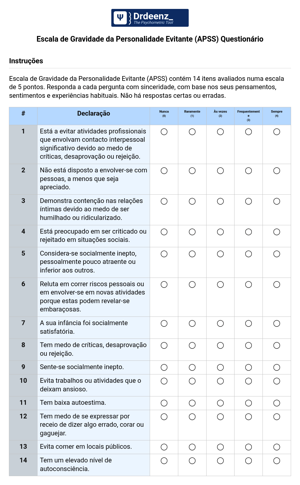 Escala de Gravidade da Personalidade Evitante (APSS) Questionário em PDF