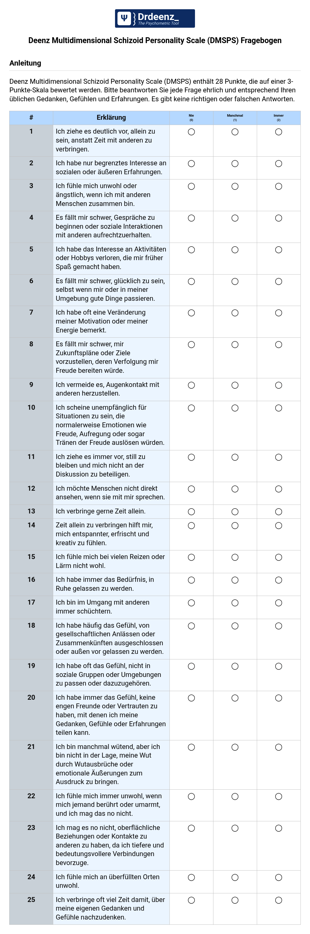 Deenz Multidimensional Schizoid Personality Scale (DMSPS) Fragebogen (PDF)
