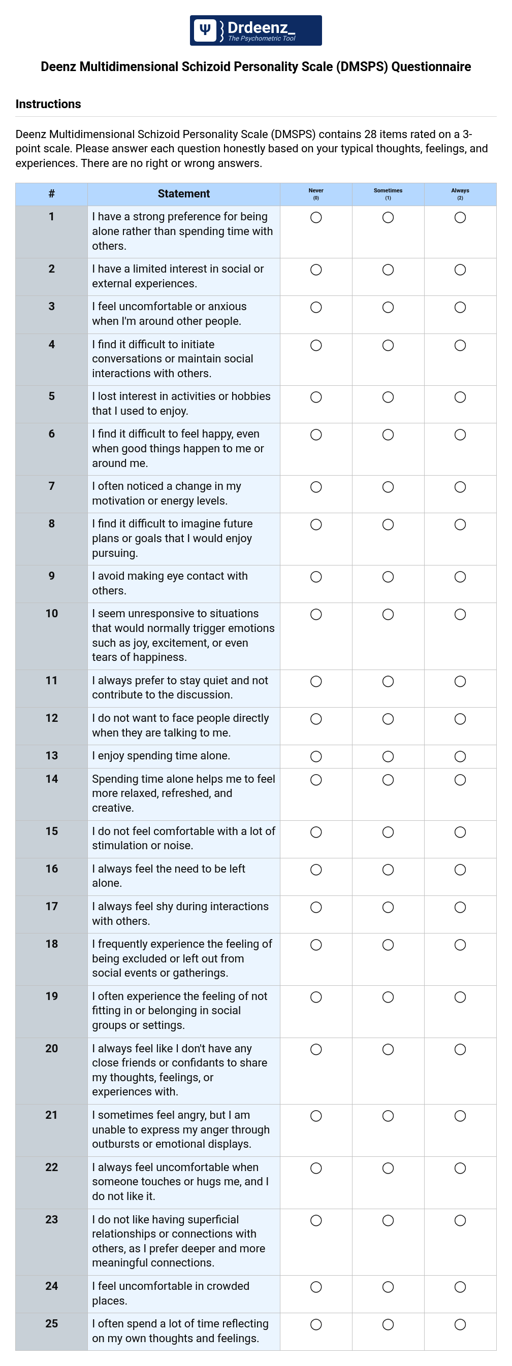 Deenz Multidimensional Schizoid Personality Scale (DMSPS) Questionnaire PDF