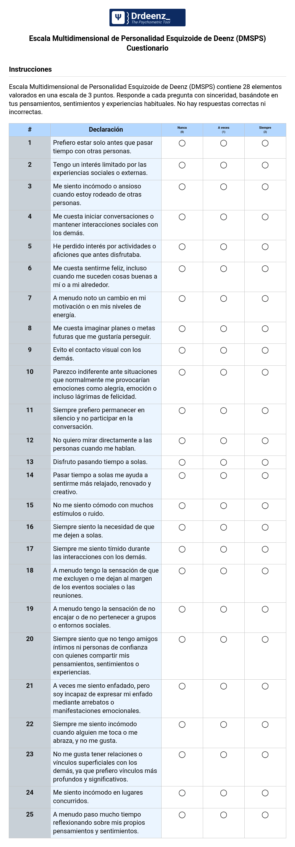 Escala Multidimensional de Personalidad Esquizoide de Deenz (DMSPS) Cuestionario en PDF