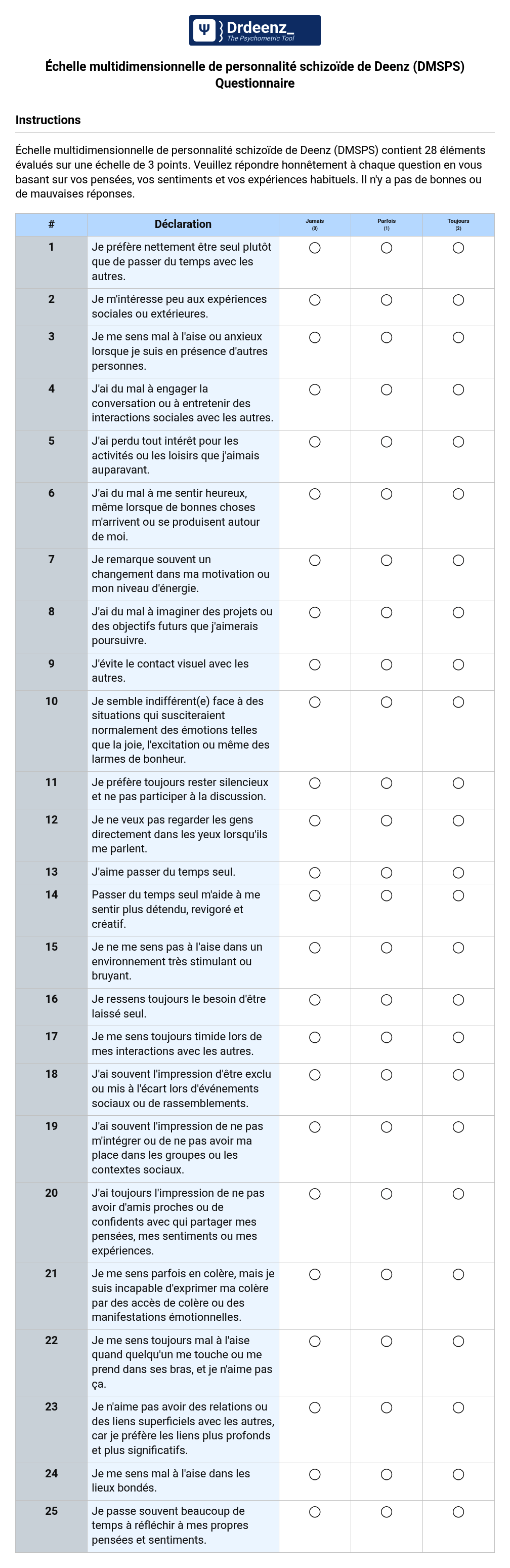 Échelle multidimensionnelle de personnalité schizoïde de Deenz (DMSPS) Questionnaire au format PDF