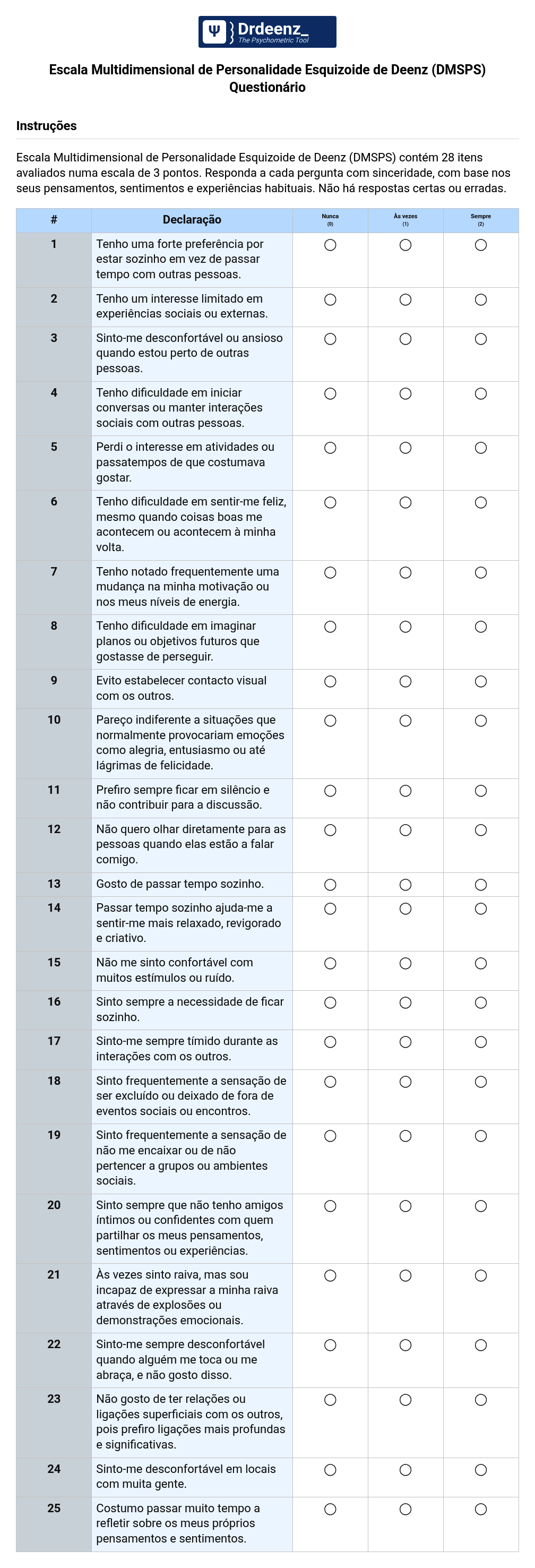 Escala Multidimensional de Personalidade Esquizoide de Deenz (DMSPS) Questionário em PDF