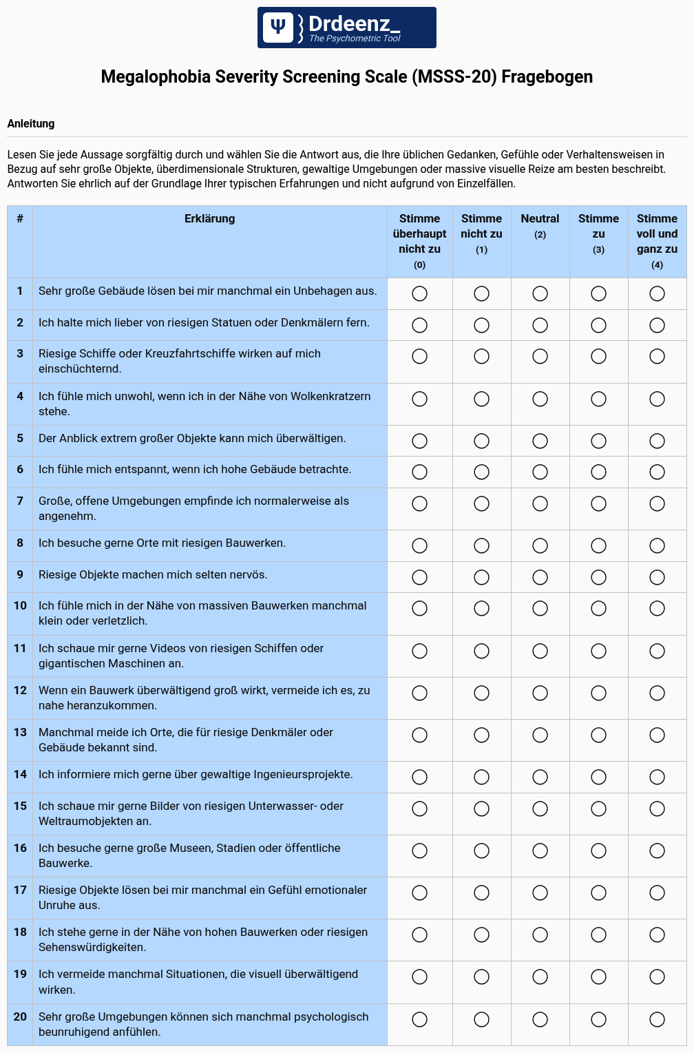 Megalophobia Severity Screening Scale (MSSS-20) Fragebogen (PDF)
